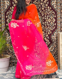 Pure Chiffon Orange And Pink Rajputi  Shaded Saree With Mixed Work