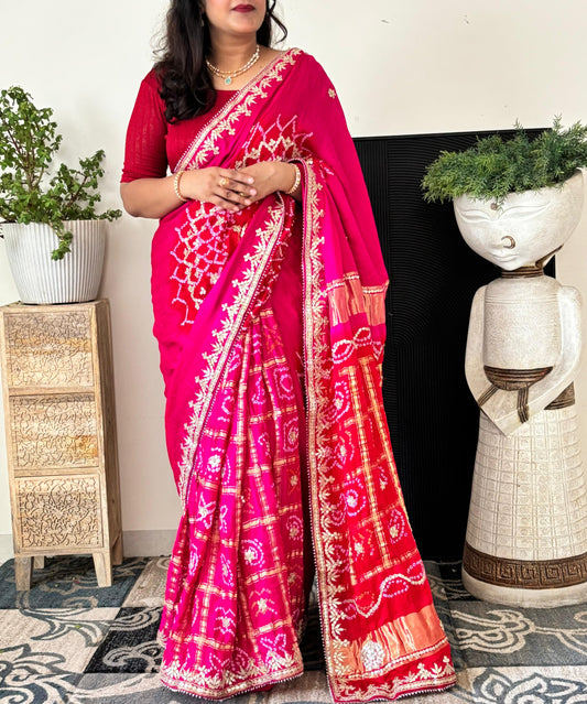 Red Rani pink Shaded Gajji Silk Gharchola Saree With Heavy Gota Patti And Patch Handwork