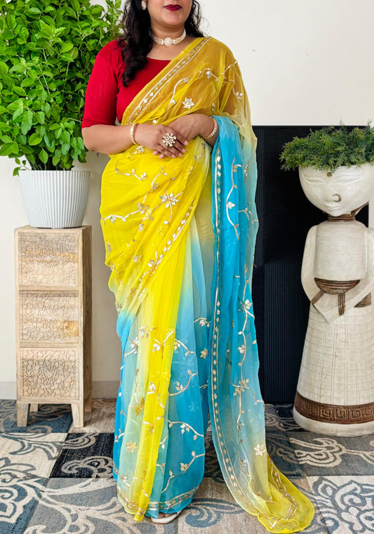 Chiffon Fabric Shaded Saree With Gota Patti Handwork