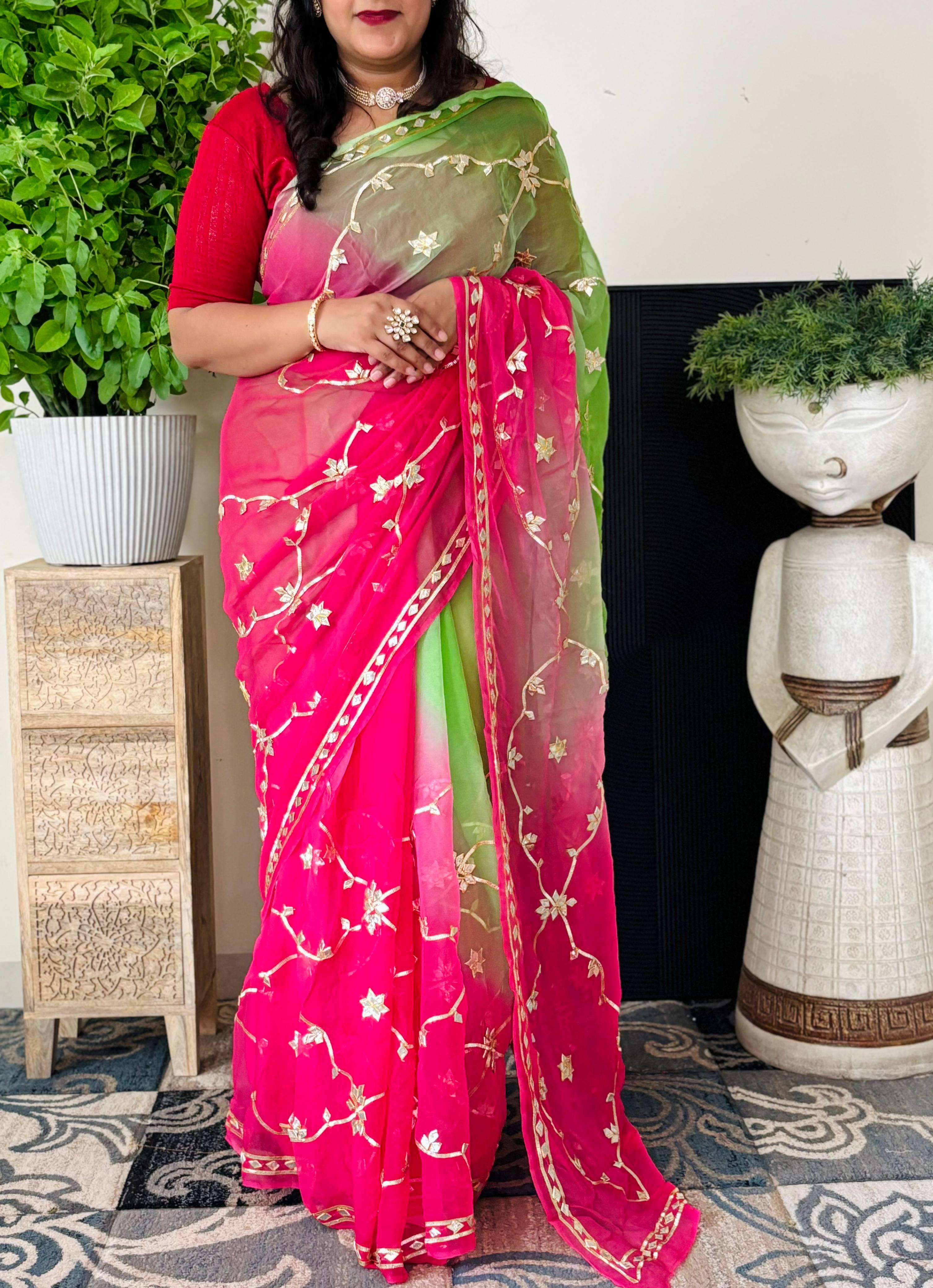 Chiffon Fabric Shaded Saree With Gota Patti Handwork