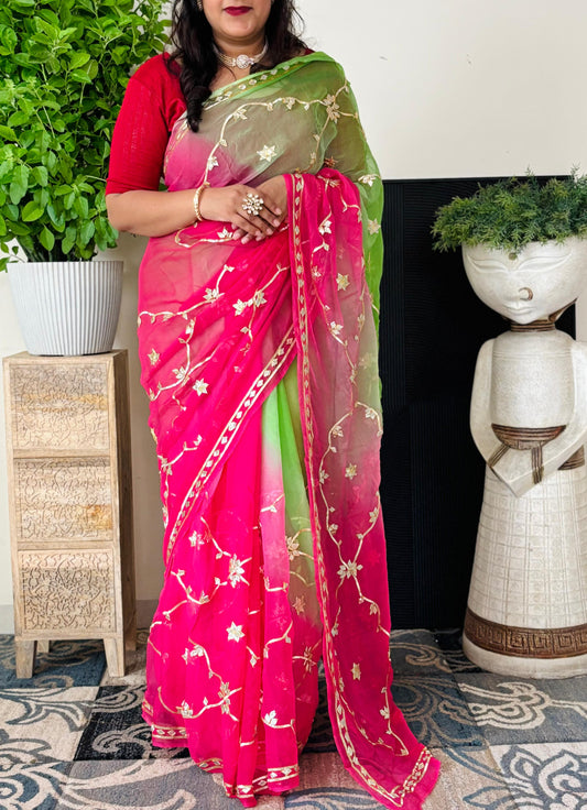 Chiffon Fabric Shaded Saree With Gota Patti Handwork