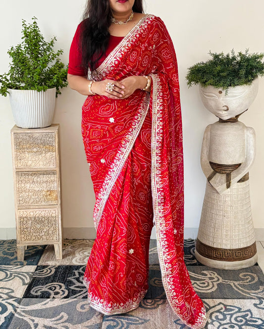 Semi Georgette Red Bandhani Chunri Saree With Gota Patti Handwork