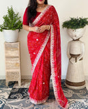 Semi Georgette Red Bandhani Chunri Saree With Gota Patti Handwork