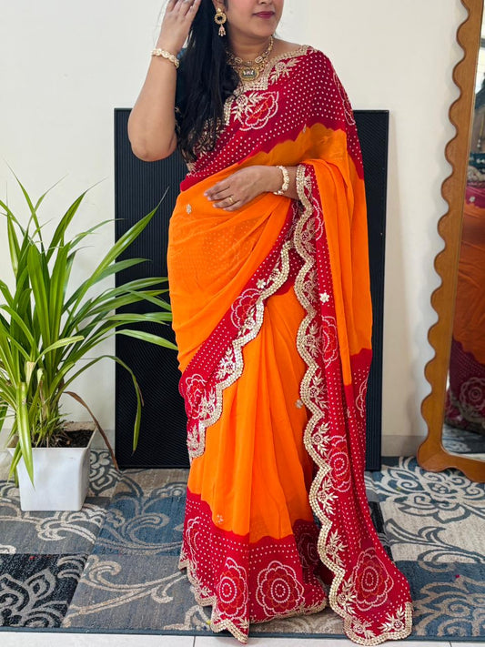 Semi Georgette Cutwork Peela Bandhni Saree with Gota Patti Handwork