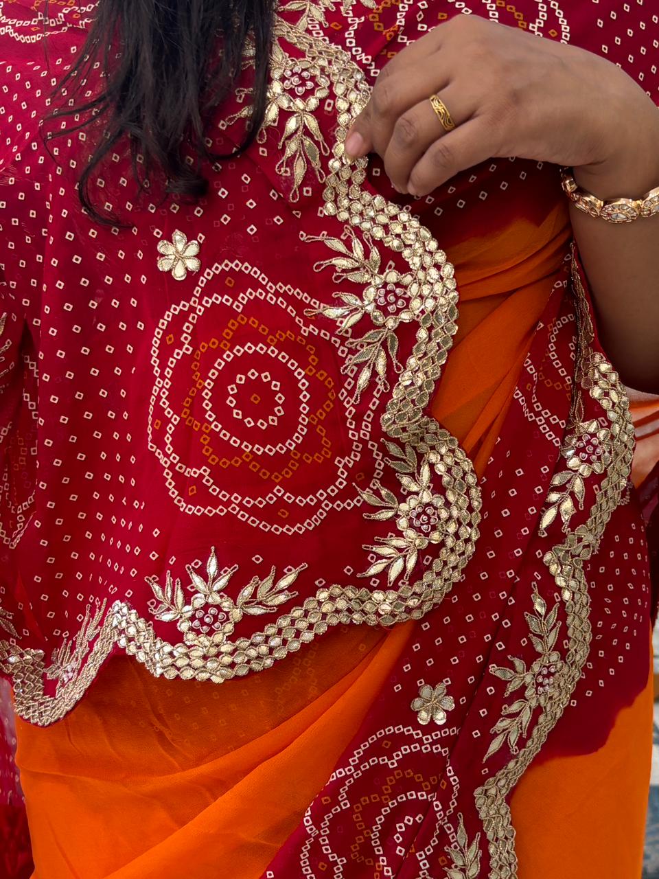 Semi Georgette Cutwork Peela Bandhni Saree with Gota Patti Handwork