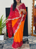 Semi Georgette Cutwork Peela Bandhni Saree with Gota Patti Handwork