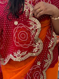 Semi Georgette Cutwork Peela Bandhni Saree with Gota Patti Handwork