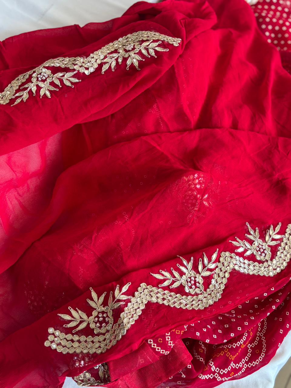 Semi Georgette Cutwork Peela Bandhni Saree with Gota Patti Handwork