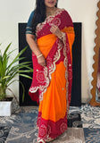 Semi Georgette Cutwork Peela Bandhni Saree with Gota Patti Handwork