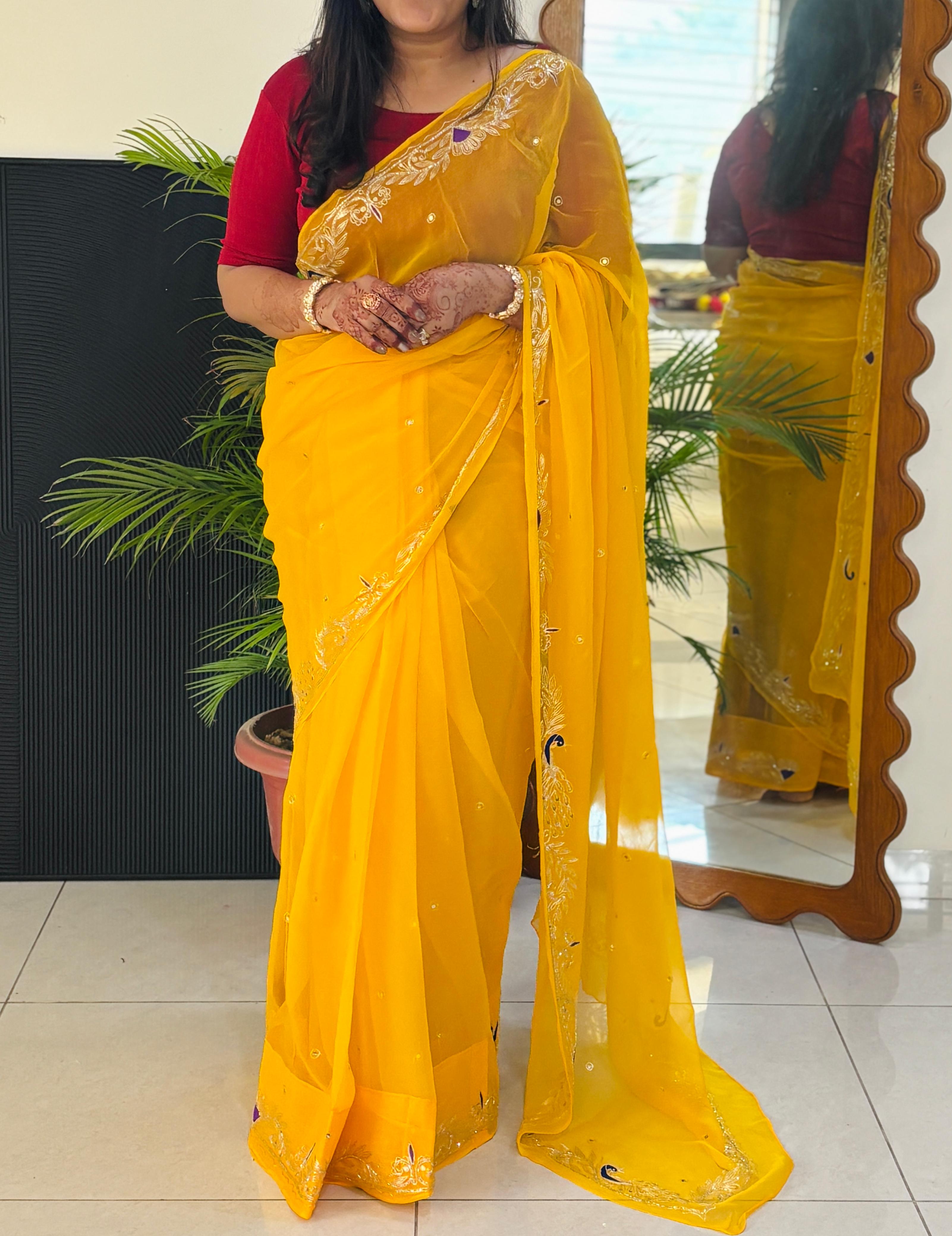 Pure Chiffon Fabric Rajputi Saree With Mixed Handwork