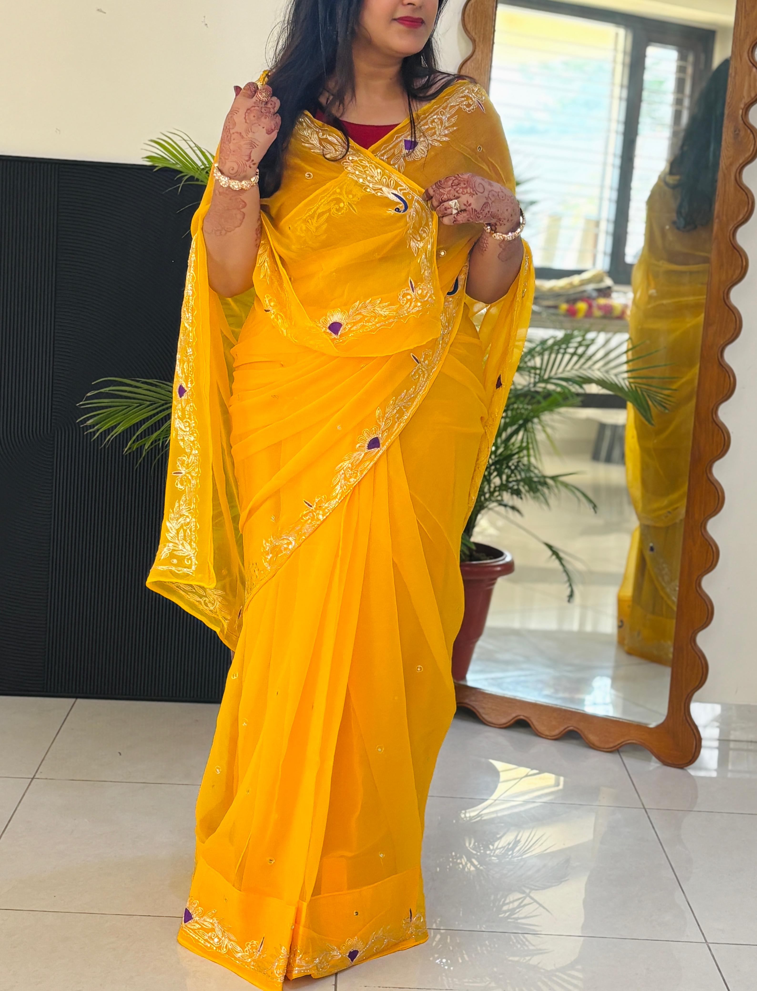 Pure Chiffon Fabric Rajputi Saree With Mixed Handwork