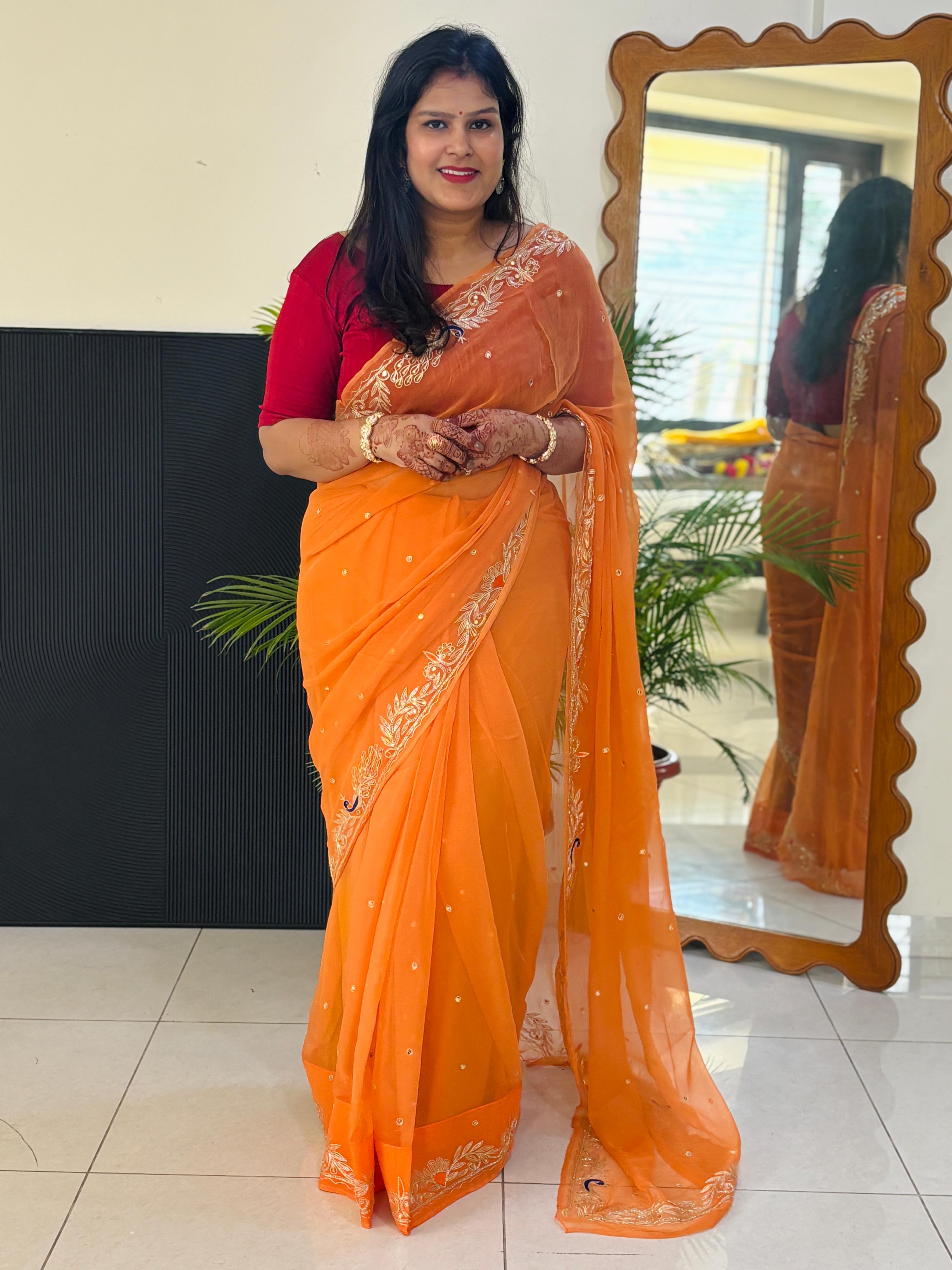 Pure Chiffon Fabric Rajputi Saree With Mixed Handwork