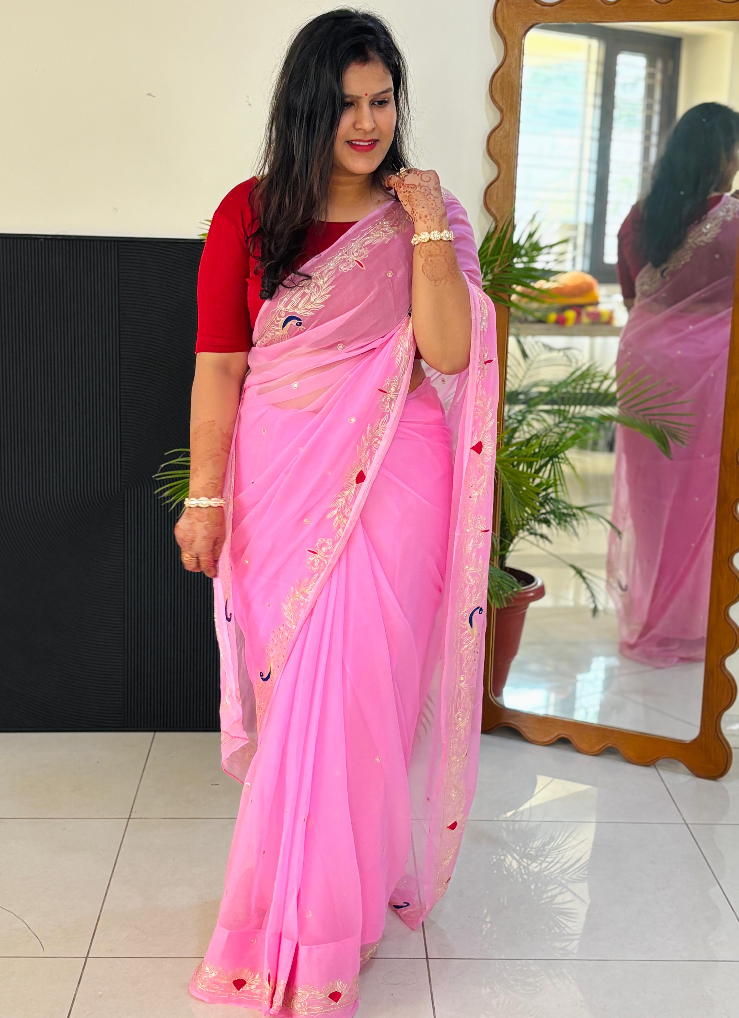 Pure Chiffon Fabric Rajputi Saree With Mixed Handwork