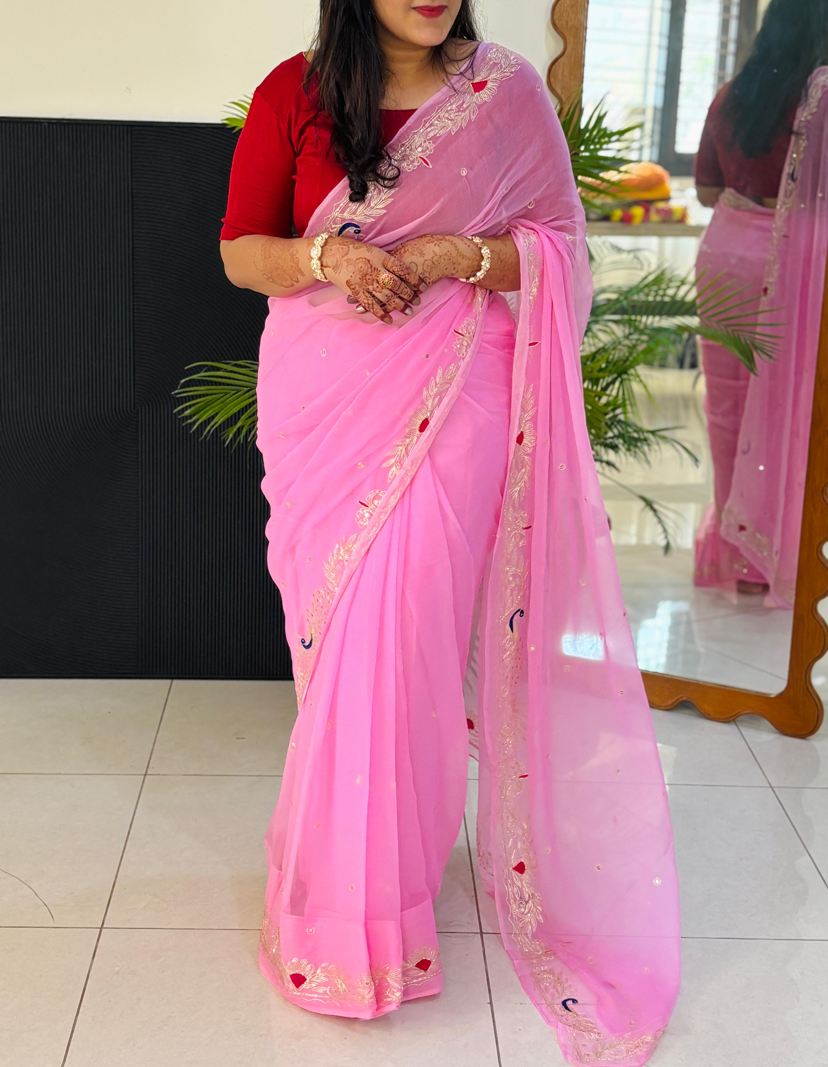 Pure Chiffon Fabric Rajputi Saree With Mixed Handwork