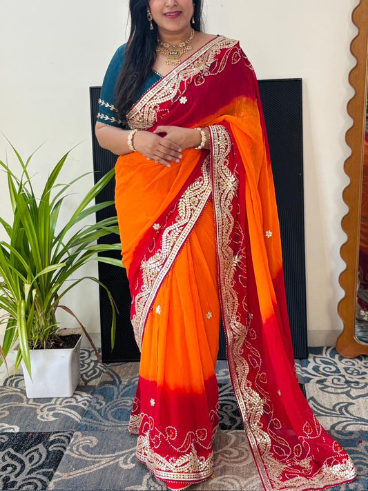 Semi Georgette Peela Bandhni Saree With Gota Patti Handwork