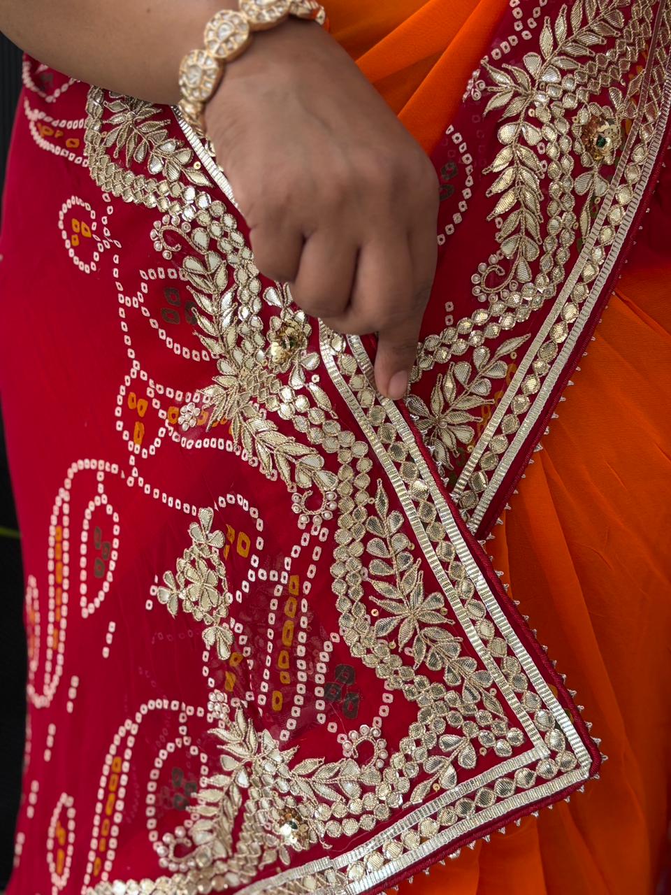 Semi Georgette Peela Bandhni Saree With Gota Patti Handwork