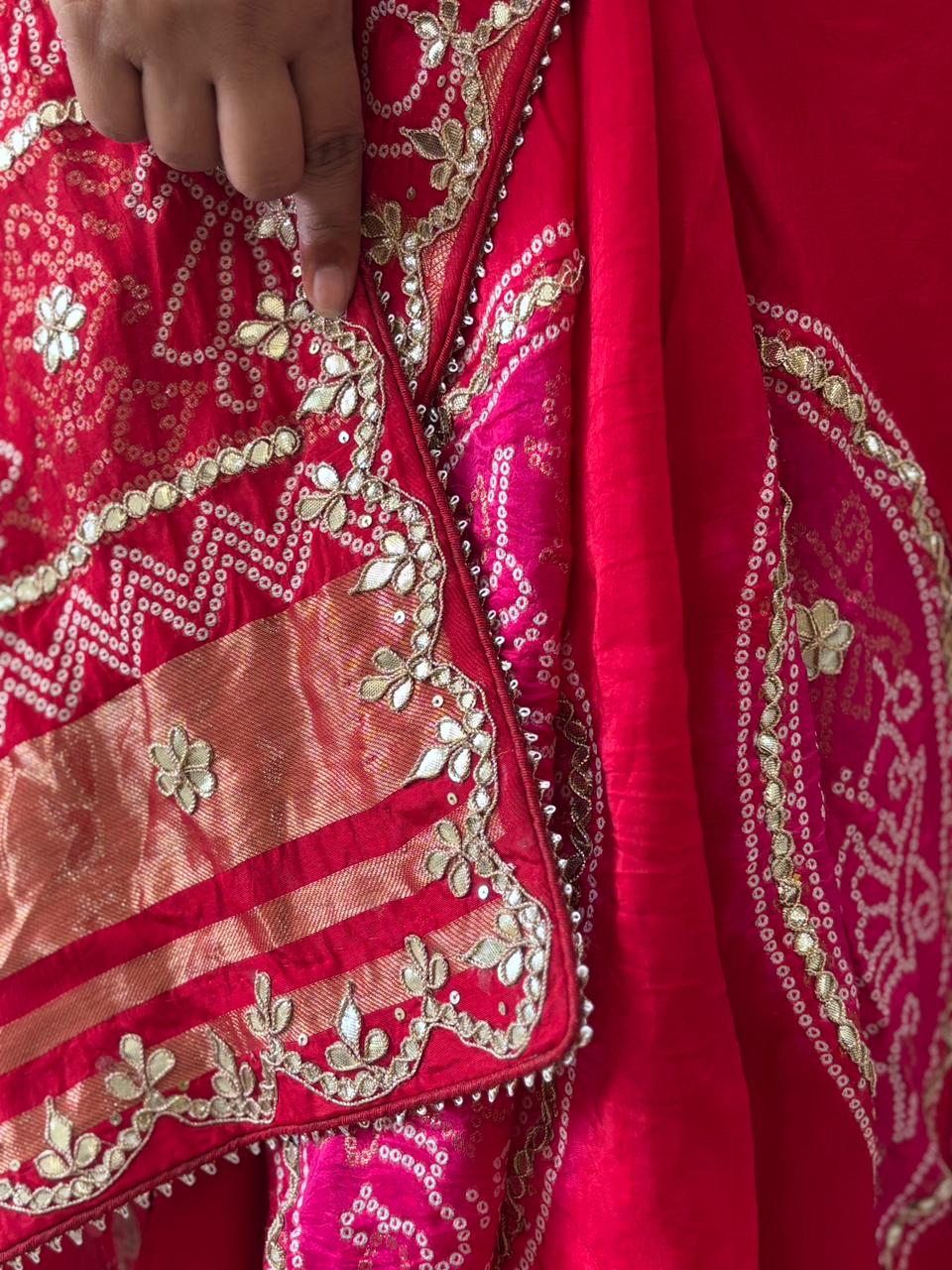 H.O. Silk Fabric Gharchola Bandhni Saree With Gotta Patti Handwork