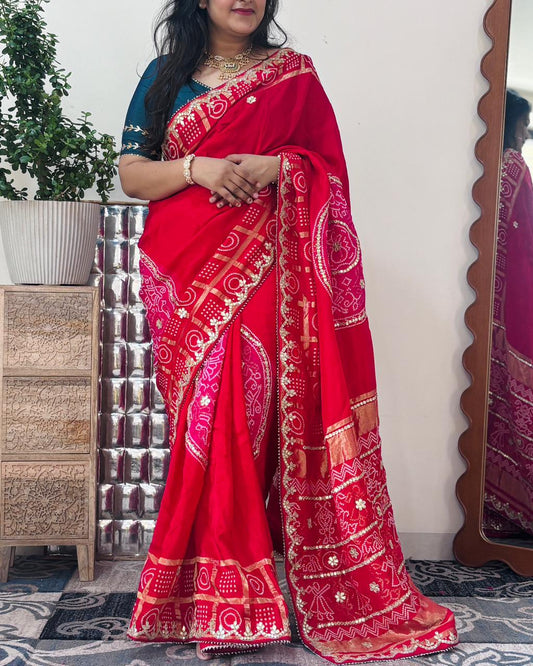 H.O. Silk Fabric Gharchola Bandhni Saree With Gotta Patti Handwork