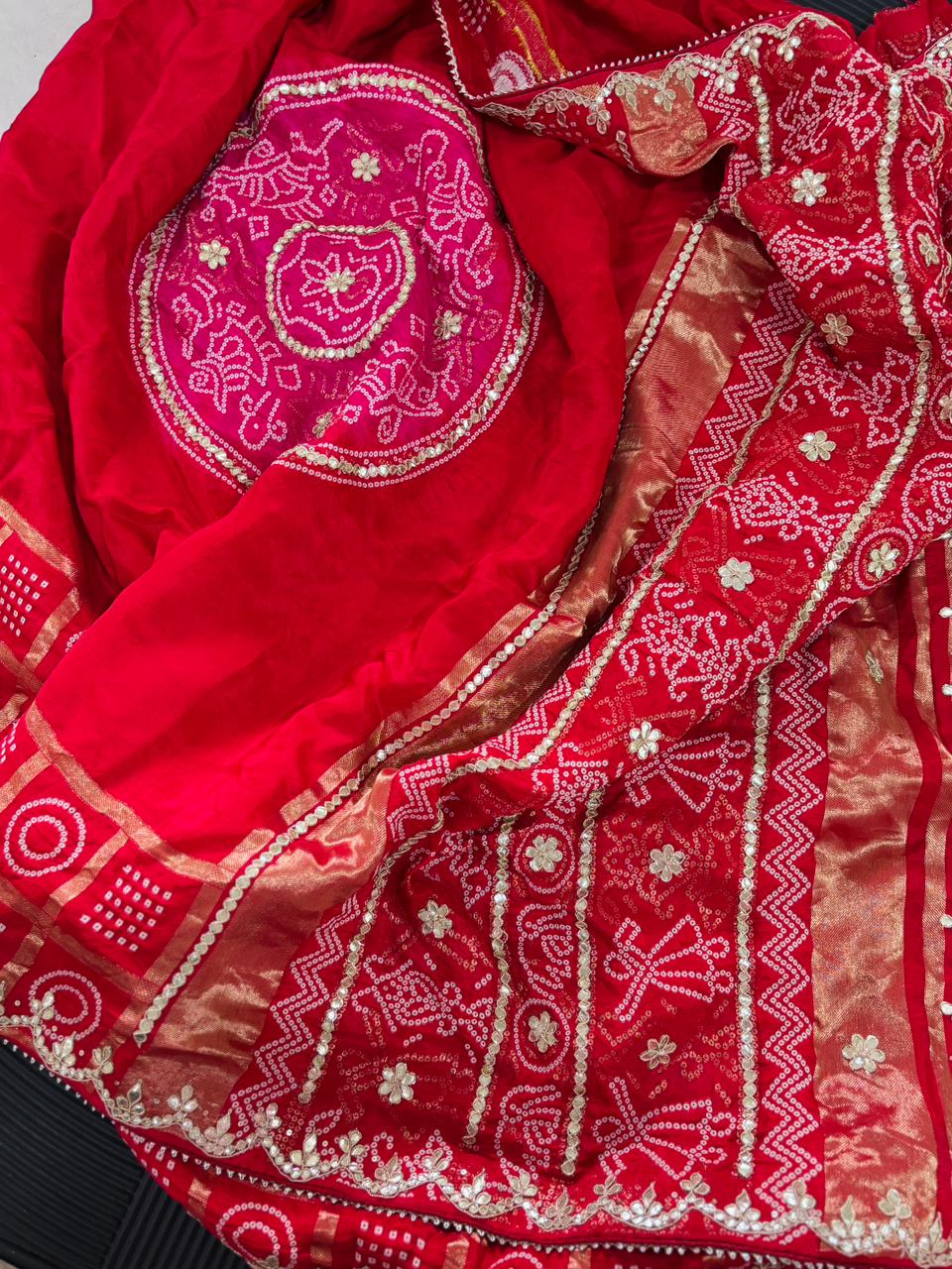 Ho Silk Fabric Gharchola Bandhni Saree With Gota Patti Handwork