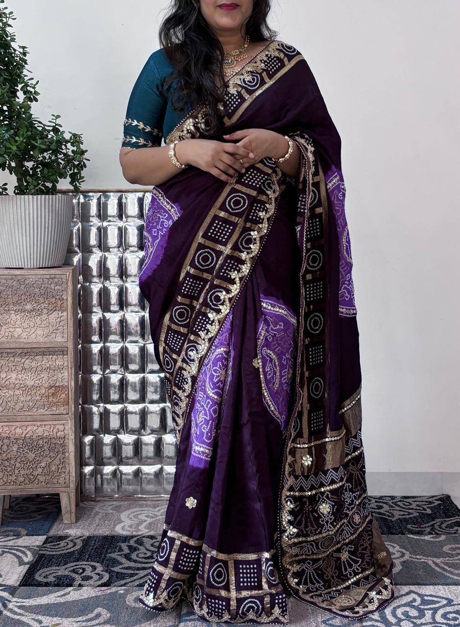 H.O. Silk Fabric Gharchola Bandhni Saree With Gotta Patti Handwork