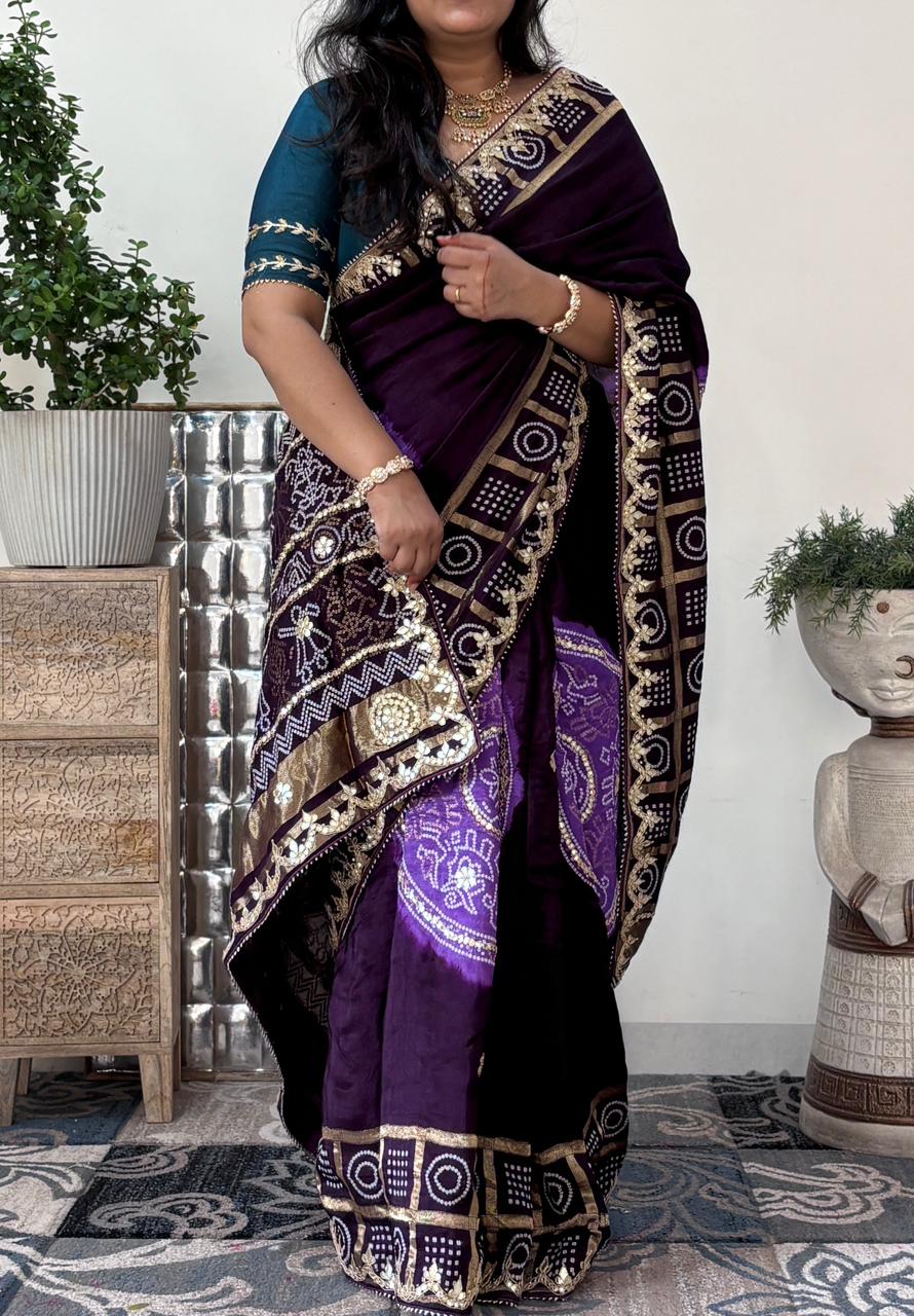 Ho Silk Fabric Gharchola Bandhni Saree With Gota Patti Handwork