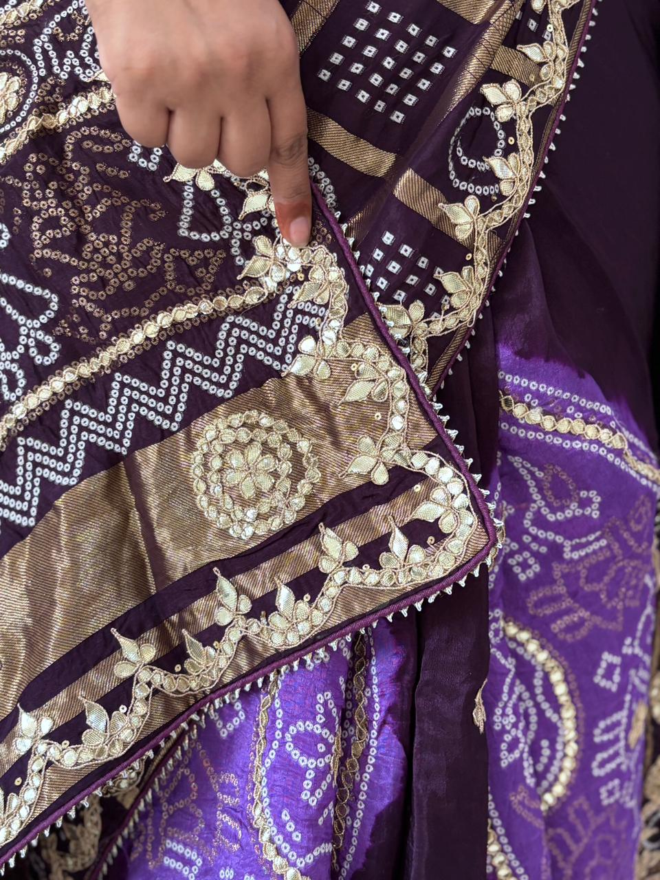 Ho Silk Fabric Gharchola Bandhni Saree With Gota Patti Handwork