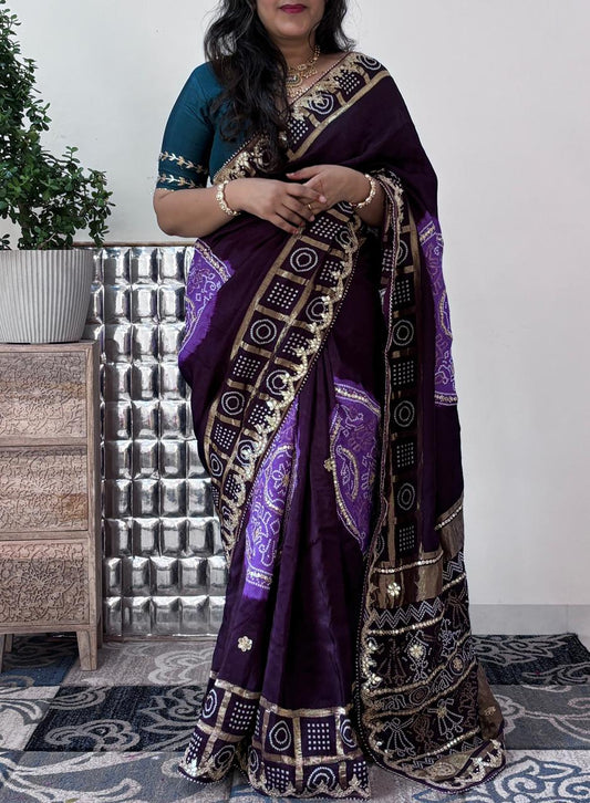 Ho Silk Fabric Gharchola Bandhni Saree With Gota Patti Handwork