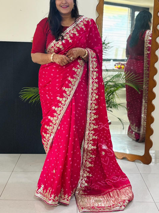 Modal Silk Magenta Pink Bandhani Saree with Baby Pink Tie-Dye & Gota Patti Handwork