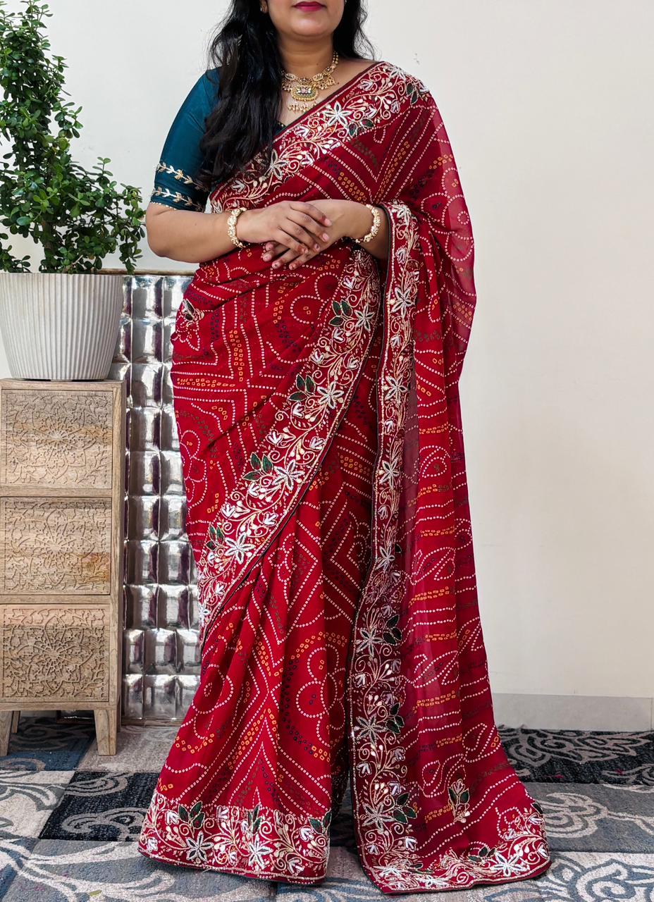 Semi Georgette Chunri Bandhni Saree With Mixed Handwork