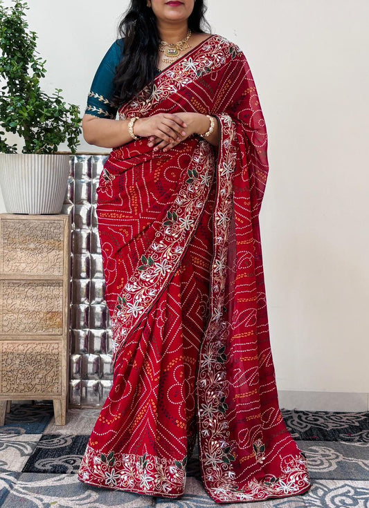 Semi Georgette Chunri Bandhni Saree With Mixed Handwork