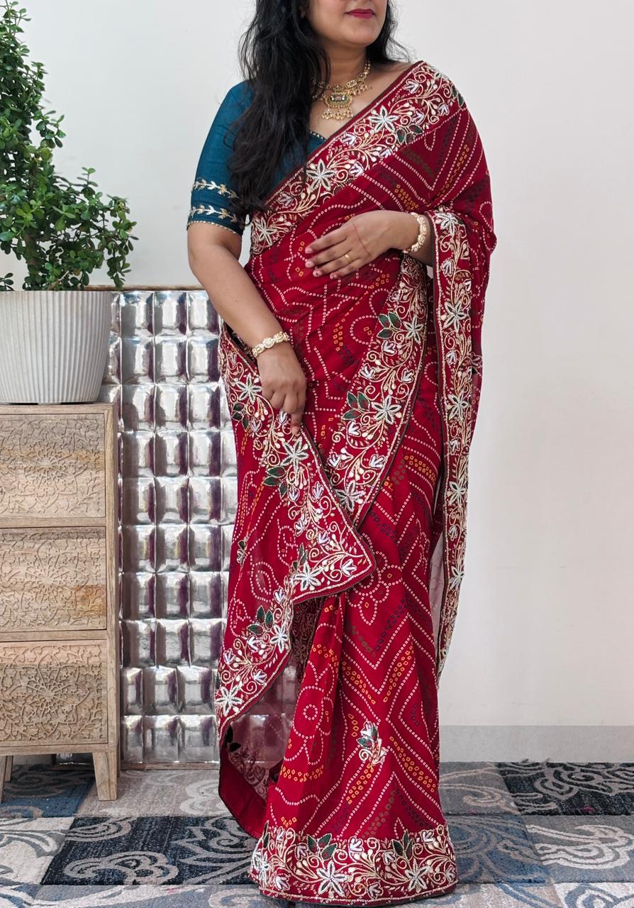 Semi Georgette Chunri Bandhni Saree With Mixed Handwork