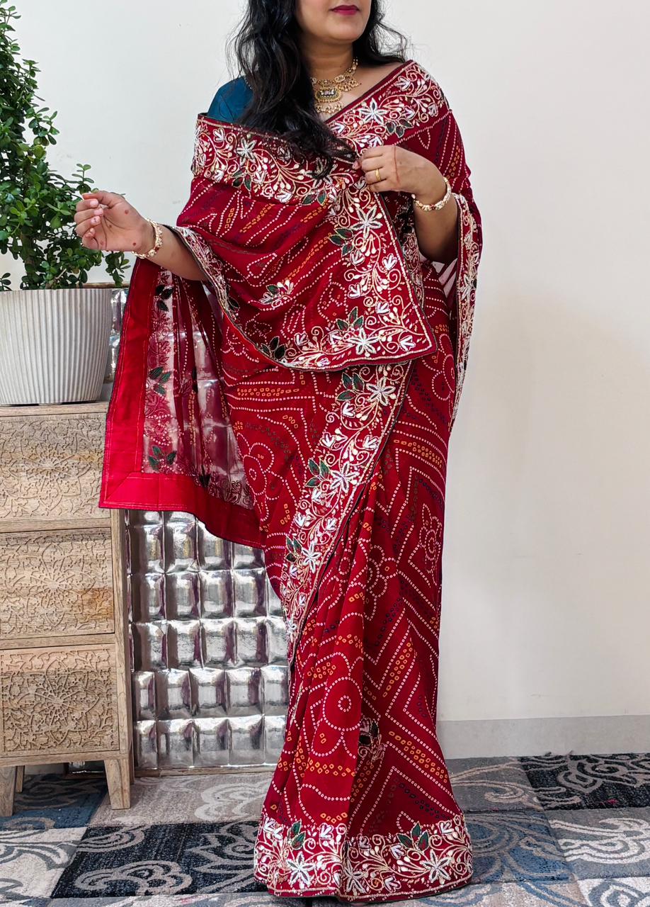 Semi Georgette Chunri Bandhni Saree With Mixed Handwork