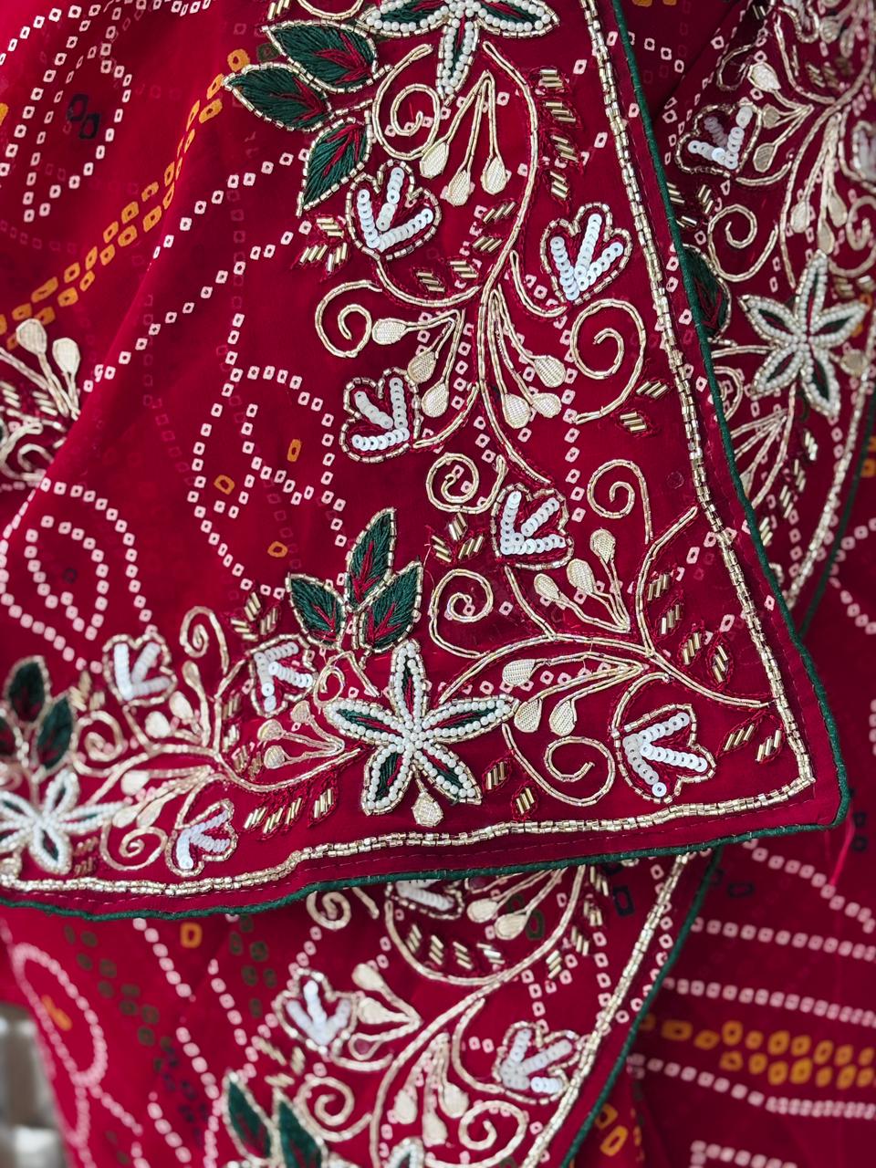 Semi Georgette Chunri Bandhni Saree With Mixed Handwork