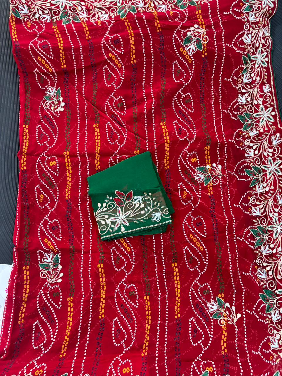 Semi Georgette Chunri Bandhni Saree With Mixed Handwork