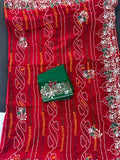 Semi Georgette Chunri Bandhni Saree With Mixed Handwork