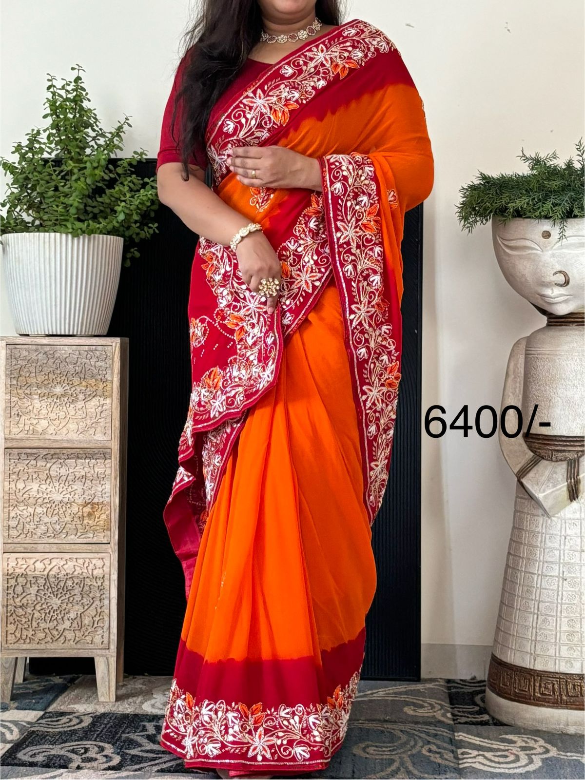 Semi Georgette Peela Bandhni Saree With Mixde Handwork