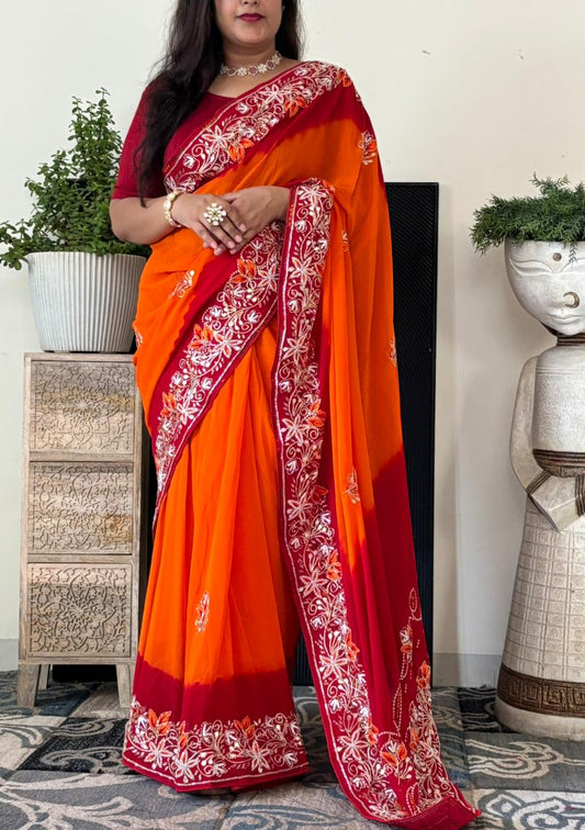 Semi Georgette Peela Bandhni Saree With Mixde Handwork