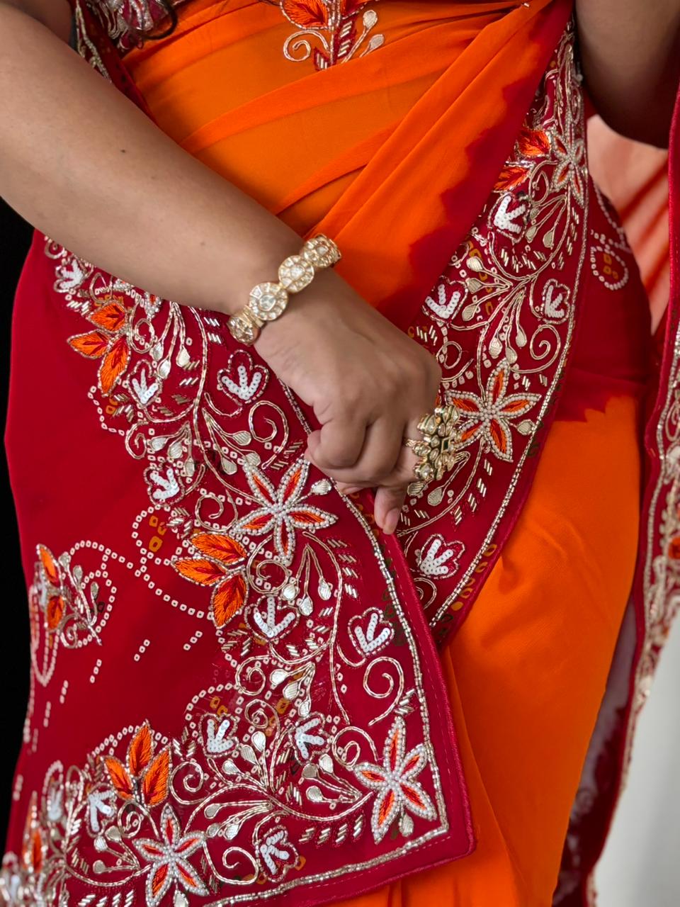Semi Georgette Peela Bandhni Saree With Mixde Handwork