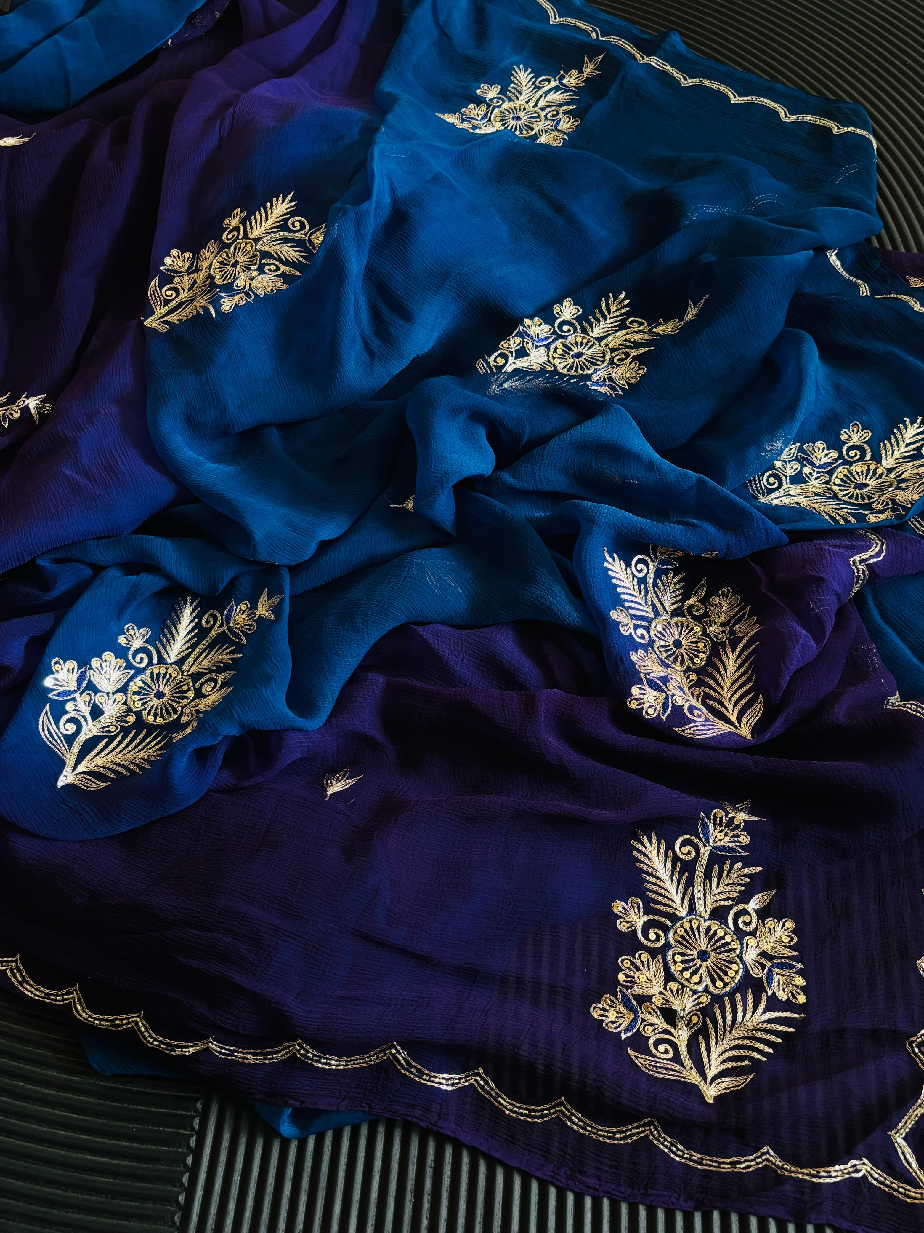 Pure Chiffon Blue and Purple Shaded Saree With Mixed Work
