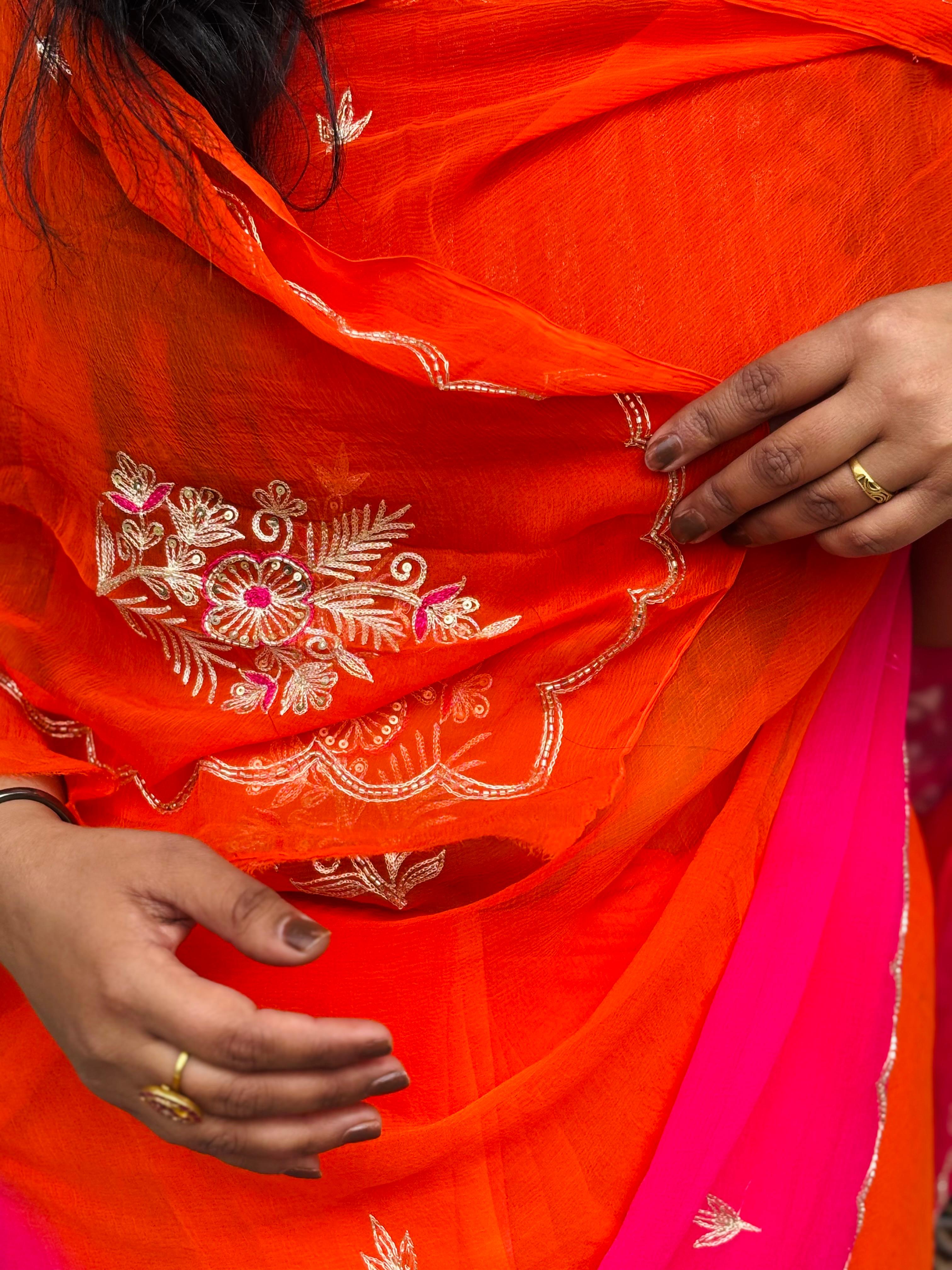 Pure Chiffon Orange And Pink Rajputi  Shaded Saree With Mixed Work