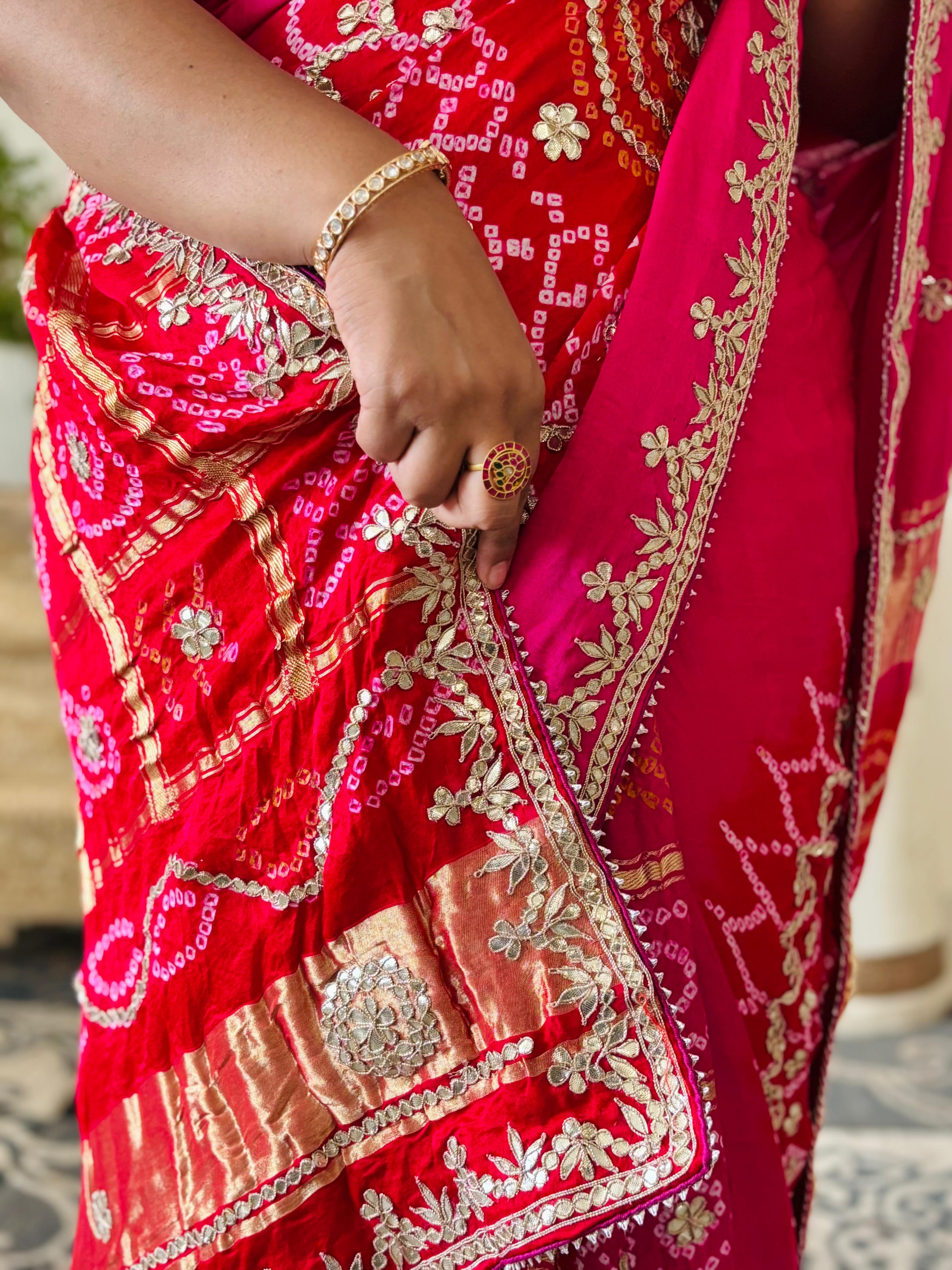 Red Rani pink Shaded Gajji Silk Gharchola Saree With Heavy Gota Patti And Patch Handwork