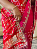 Red Rani pink Shaded Gajji Silk Gharchola Saree With Heavy Gota Patti And Patch Handwork