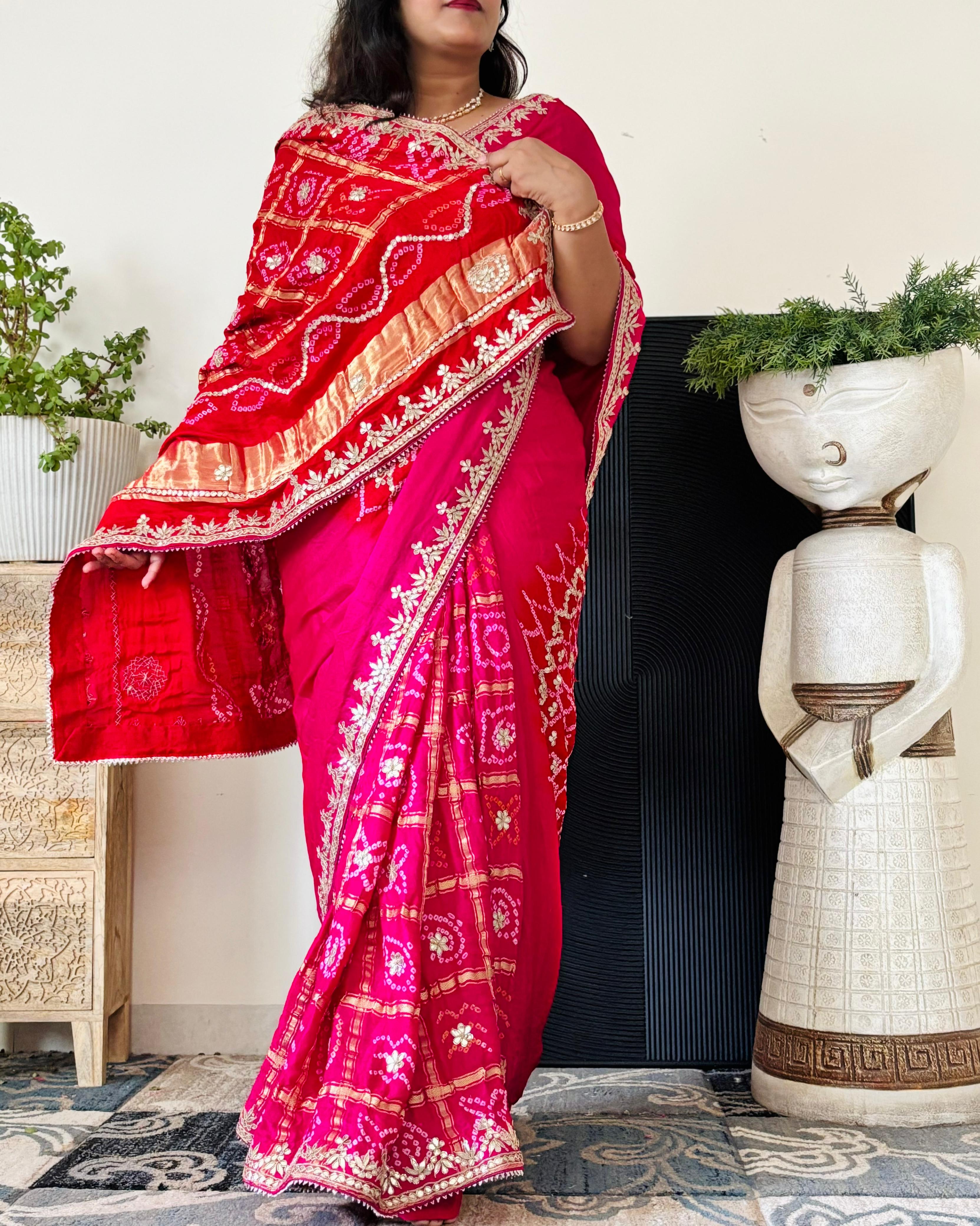 Red Rani pink Shaded Gajji Silk Gharchola Saree With Heavy Gota Patti And Patch Handwork