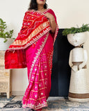 Red Rani pink Shaded Gajji Silk Gharchola Saree With Heavy Gota Patti And Patch Handwork