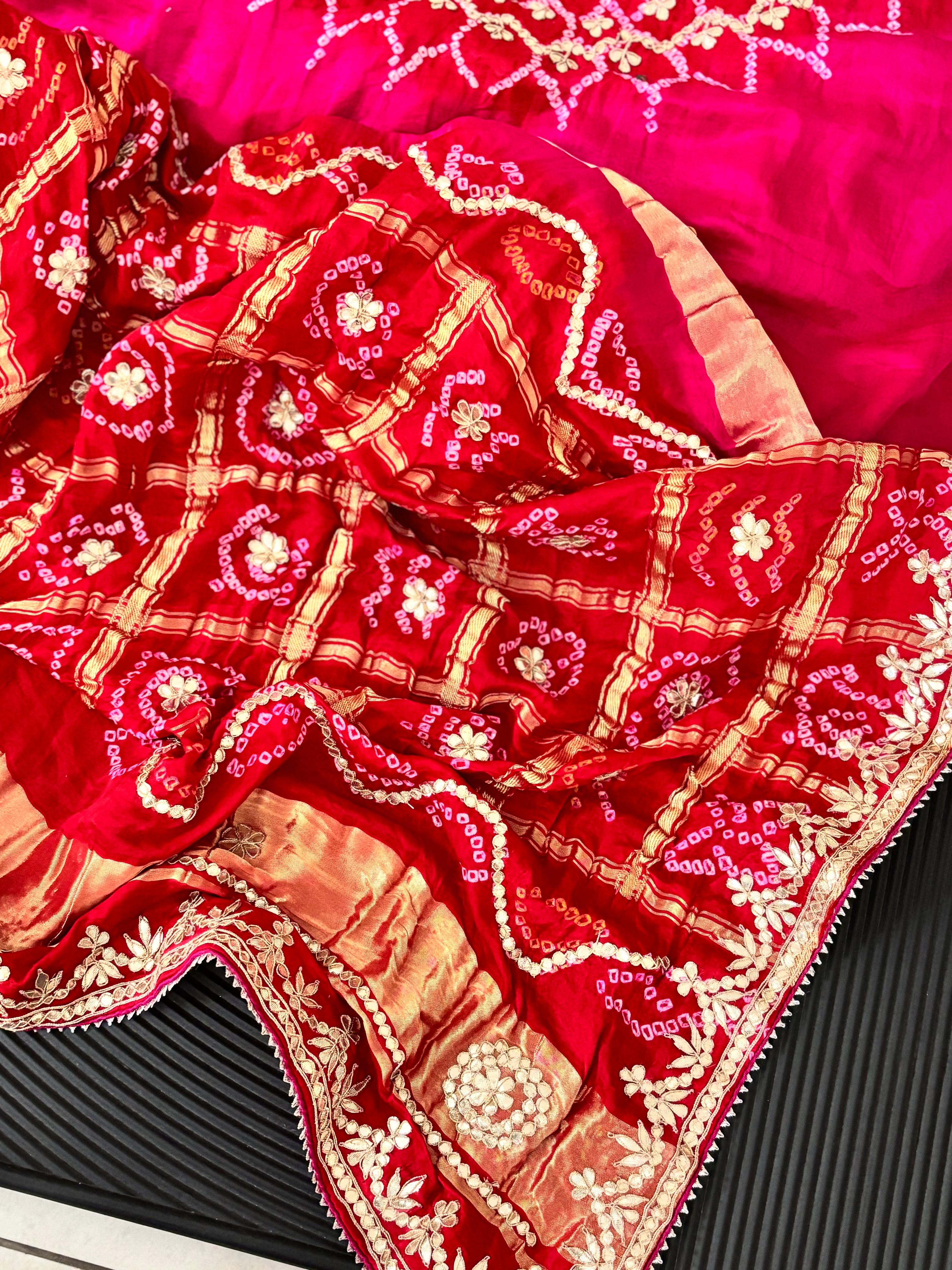 Red Rani pink Shaded Gajji Silk Gharchola Saree With Heavy Gota Patti And Patch Handwork