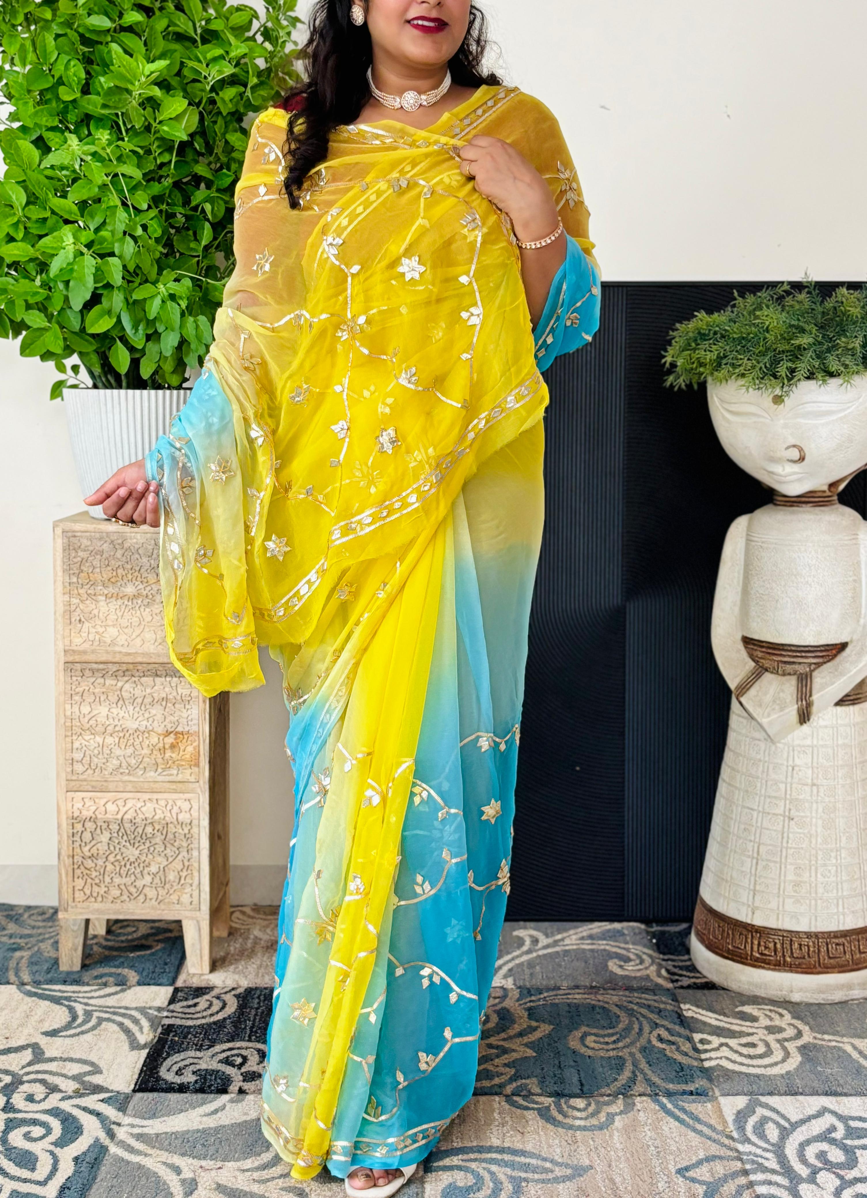 Chiffon Fabric Shaded Saree With Gota Patti Handwork
