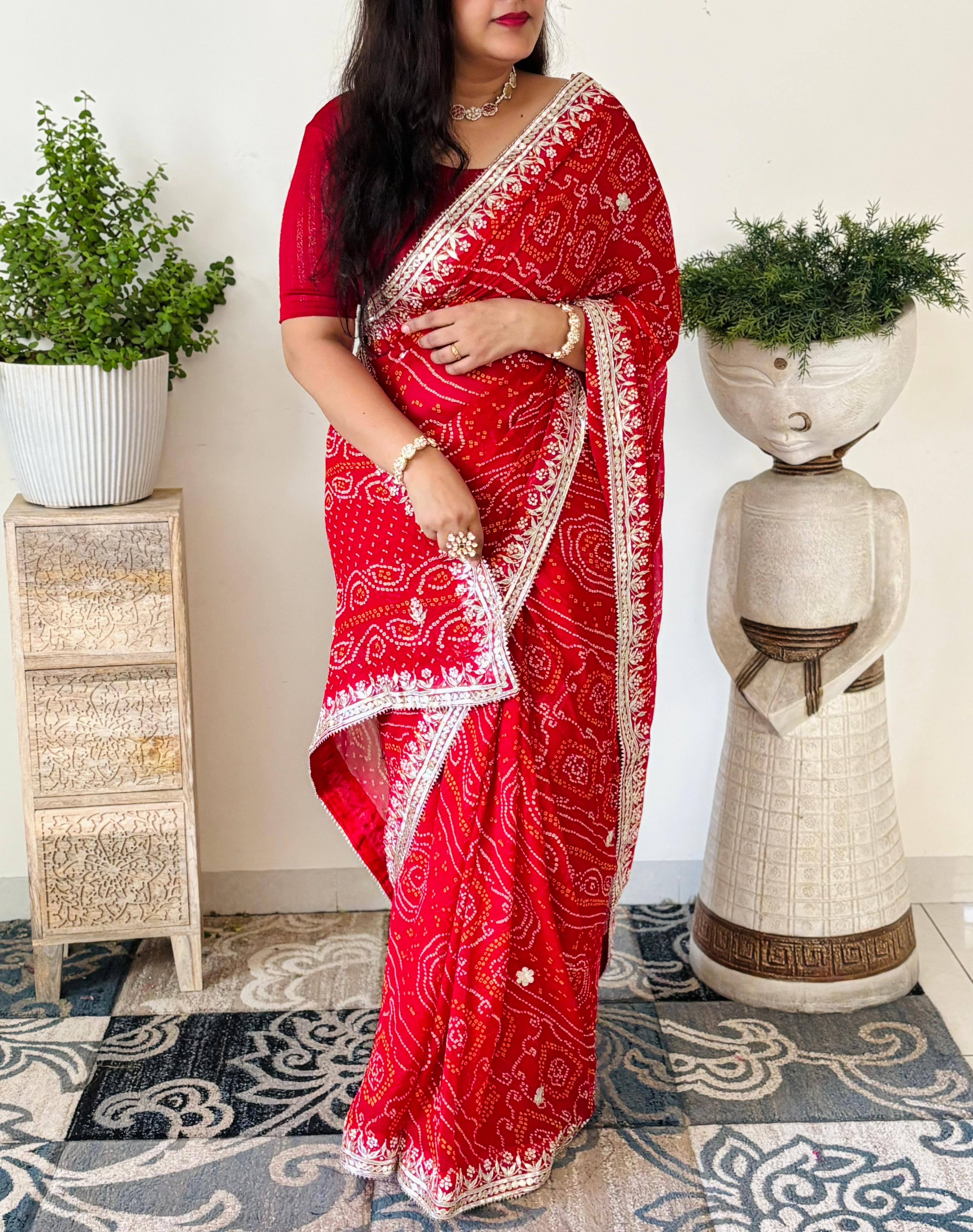 Semi Georgette Red Bandhani Chunri Saree With Gota Patti Handwork