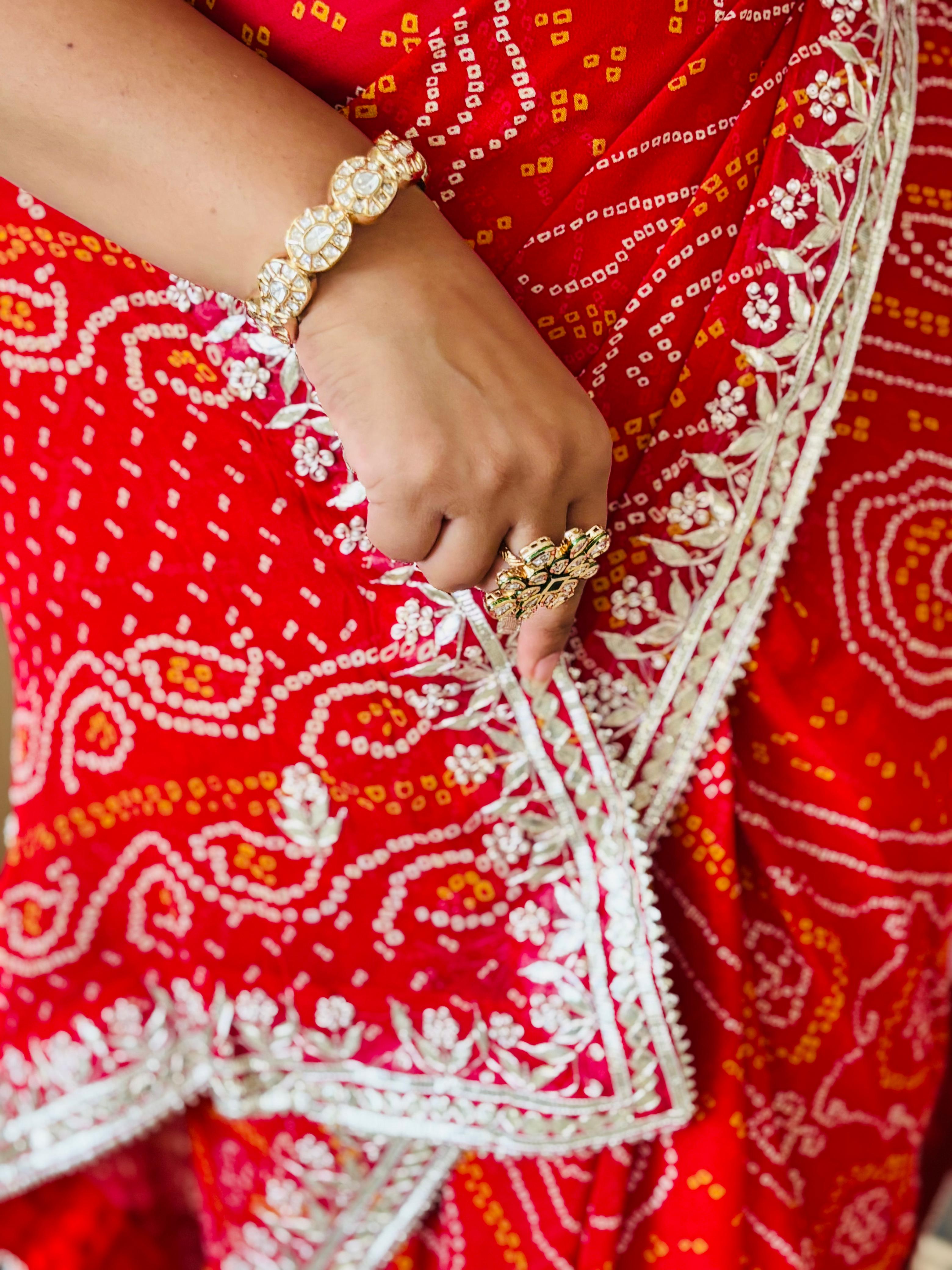 Semi Georgette Red Bandhani Chunri Saree With Gota Patti Handwork