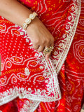 Semi Georgette Red Bandhani Chunri Saree With Gota Patti Handwork