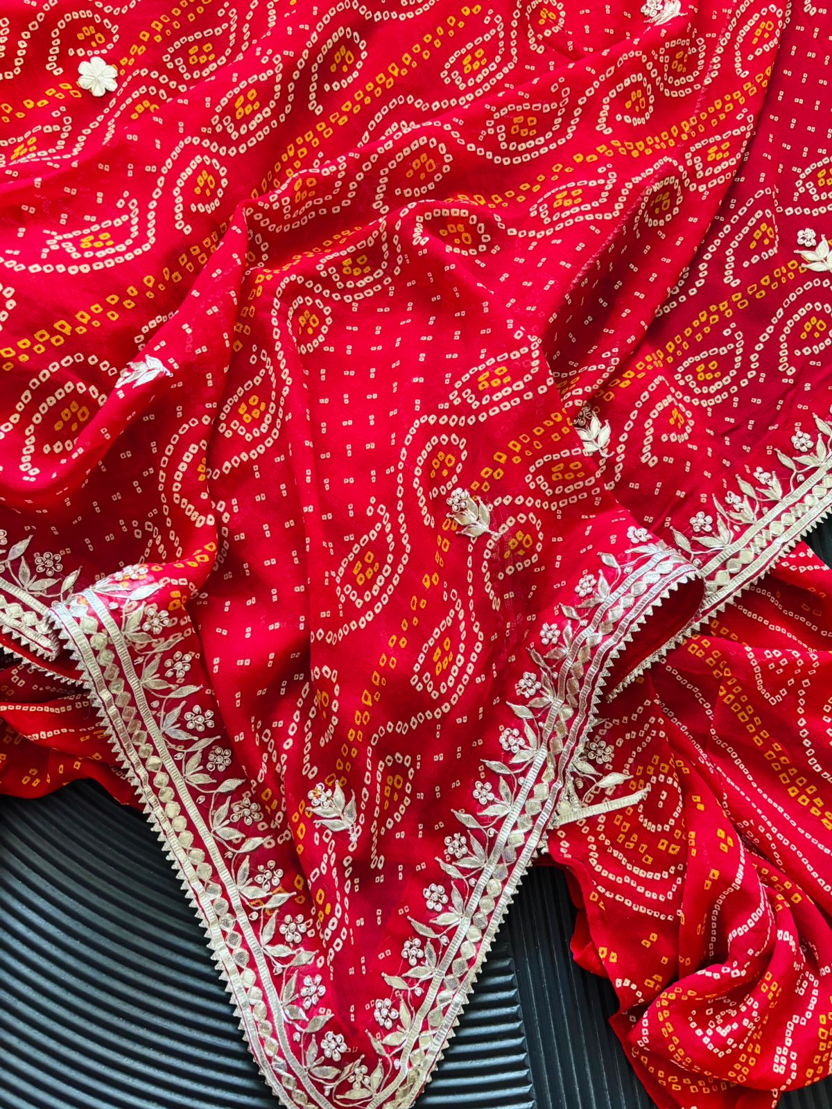 Semi Georgette Red Bandhani Chunri Saree With Gota Patti Handwork